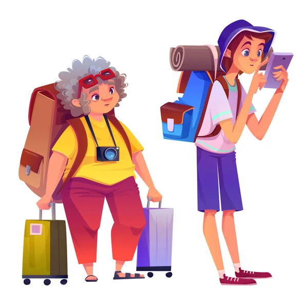 白い背景に隔離された漫画旅行者のキャラクター リュックやスーツケースに身を包んだシニア女性のベクトルイラスト スマートフォンで地図をスクロールするリュックサックを持つ若者 休暇旅行 — ストックベクタ
