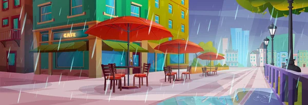 Venkovní Městská Kavárna Exteriér Deštěm Létě Vektorové Kreslené Ilustrace Deštivé — Stockový vektor
