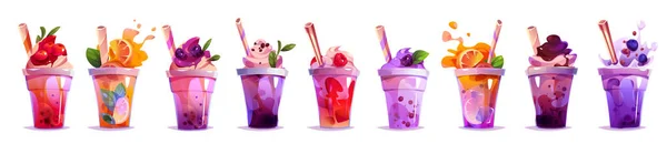 ミルクティーバブルドリンクベクトルジュースカップ漫画イラスト 台湾系アジア人向けのアイス シュガー ミルクシェイク デザート クライパート おいしい果物の甘いイチゴとストロー プラスチック製のセットでクリームタピオカ — ストックベクタ