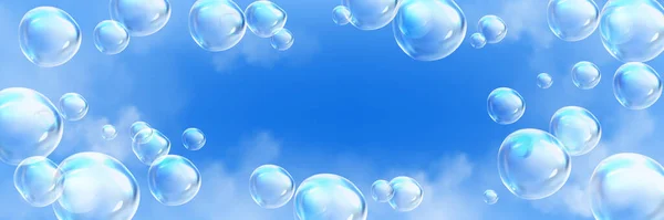 Lichte Zeepbellen Vliegen Blauwe Lucht Abstracte Achtergrond Met Transparante Iriserende — Stockvector