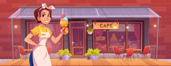 Chica Fuera Cafetería Calle Con Ilustración Vectores Helado Mujer Chef — Vector de stock