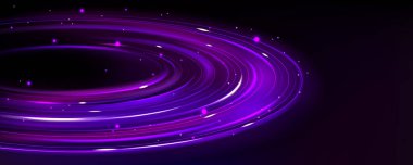 Mor gezegen halkası, neon ışıklı dijital teknoloji arka planına sahip. Uzay enerjisi soyut vektör çizimi parlıyor. Küresel güç ekosistem fantezi diski. Ağ yolu galaksisi kavramı. Hız yolu dairesel
