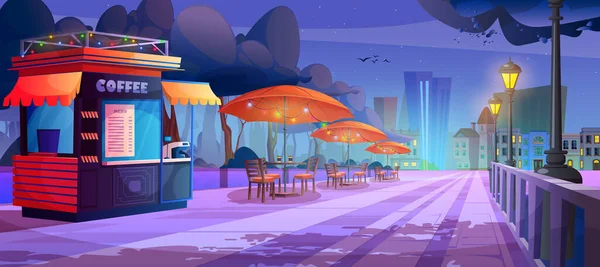 Caféstand Und Tische Der Nächtlichen Parkallee Vektor Cartoon Illustration Des — Stockvektor