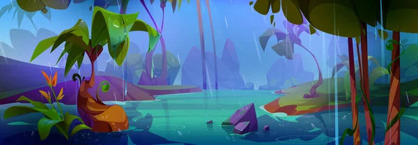Deszczowy Dzień Tropikalnym Lesie Ilustracja Kreskówki Wektorowej Krajobrazu Dżungli Rzeką — Wektor stockowy