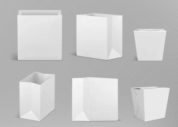 Реалистичные Белые Бумажные Пакеты Макеты Пищевых Контейнеров Изолированы Прозрачном Фоне — стоковый вектор