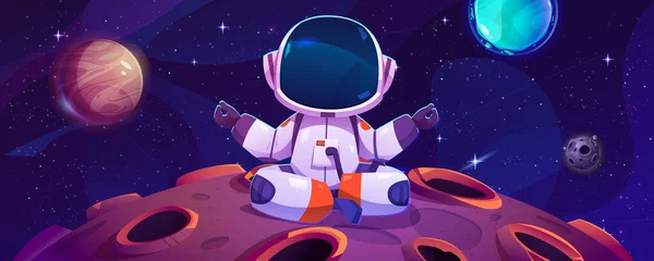 Sitting Astronaut Moon Space Yoga Meditation Vector Illustration Comic Spaceman — Stock Vector