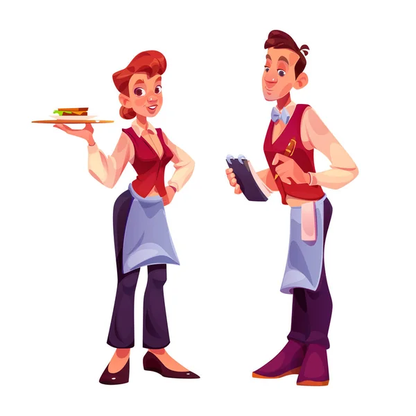 레스토랑 웨이터 캐릭터 부엌에서 일하거나 대접을 사람들 메모지에 샌드위치를 앞치마를 — 스톡 벡터
