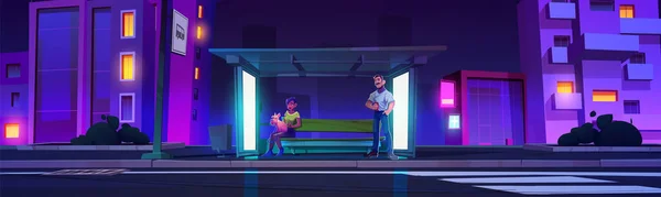Nächtlicher Neonfarbener Stadtbusbahnhof Mit Vektor Darstellung Wartender Menschen Frau Mit — Stockvektor