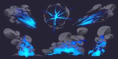 Neon mavi ateş ve gri duman bulutlarıyla bir dizi patlama efekti. Çizgi roman tarzı patlamanın vektör çizimi, şişme, hızlı hız hareketi, toz izi, patlama dalgası animasyonu siyah üzerine izole