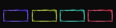 Neon yıldırımı elektrik akımı çerçeve vektörü. Gök gürültüsü enerjili sihirli kıvılcım sınırı. Pembe, yeşil, altın, mor parlak renkli kurşun plazma boşalması ile sihirli portal dikdörtgen şekli.