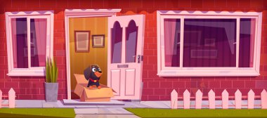 Dachshund köpeği, evin ön kapısının yanındaki karikatür çiziminin yanındaki kutuda oturuyor. Evcil hayvan kulübenin girişinde bekliyor. Hoş geldin ve gülümse. Çit, yeşil çimen, pencere ve verandalı kırmızı banliyö dış görünüşü.
