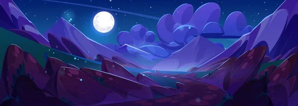 Malam Pemandangan Gunung Dengan Bulan Purnama Bersinar Langit Kartun Vektor - Stok Vektor