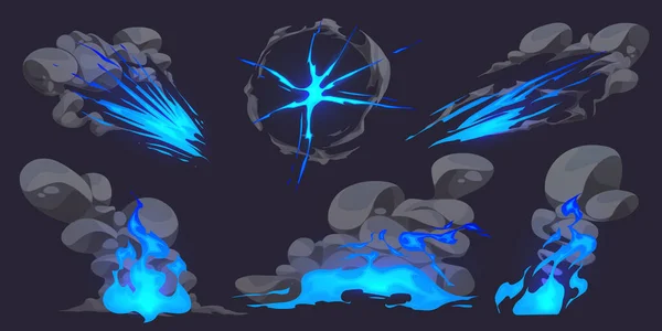 Cartoon Set Explosion Effects Neon Blue Fire Grey Clouds Smoke — Stock Vector