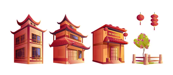 Conjunto Desenhos Animados Edifícios Chineses Isolados Fundo Branco Ilustração Vetorial —  Vetores de Stock