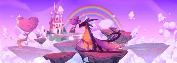 Fantasy Hrad Plovoucím Ostrově Magie Dračí Pohádka Hra Ilustrace Růžový — Stockový vektor