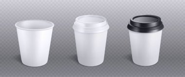 3D beyaz kahve fincanı izole edilmiş vektör modeli. Tek kullanımlık içecek, siyah plastik kapaklı kafeden alınmış sıcak espresso için hazırlandı. Cappuccino karton paket kabı tasarım çizimi illüstrasyonuName