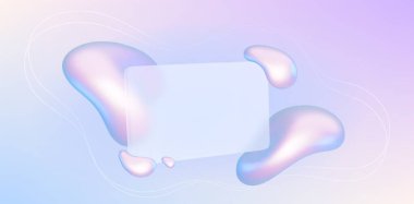 Cam kart ve sıvı holografik şekilli soyut gradyan arkaplan. Boş şeffaf afiş ve sıvı şekilli cam morfizm konsepti, vektör 3d illüstrasyon