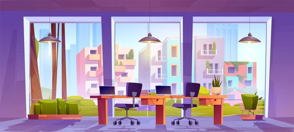 迈阿密办公室内部与开放空间工作室矢量背景 现代商业大厦的电脑桌和扶手椅 可以看到阳光灿烂的美国摩天大楼 城市公司玻璃墙工作站 — 图库矢量图片