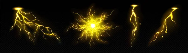 ゴールド雷エネルギーライトと電気サークル魔法のベクトルイラスト 3D現実的なプラズマ圏とパワー爆発 ネオン孤立した雷雨亀裂放電 黄色の輝きとフラッシュバースト — ストックベクタ