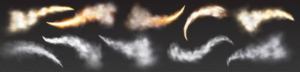 火焰火箭发射烟道隔离病媒效应 喷气式或梭式速度起飞的透明云雾 三维现实宇宙飞船白色爆炸在天空凝结纹理 航天器轨道照明弹 — 图库矢量图片