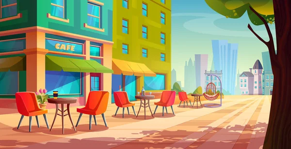 公園の路地にテーブルと椅子がある街の通りのカフェ 木の影に屋外席を持つ都市コーヒーショップのベクトル漫画イラスト 現代的な街並みの背景 青い夏の空の鳥 — ストックベクタ