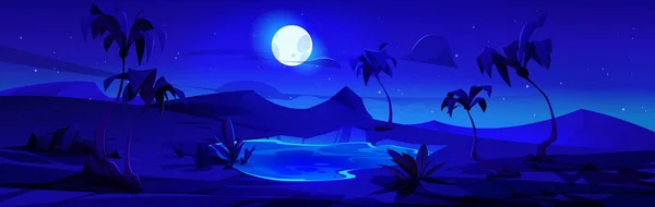 Nachtoase Der Sahara Wüste Vektor Cartoon Landschaft Palme See Und — Stockvektor
