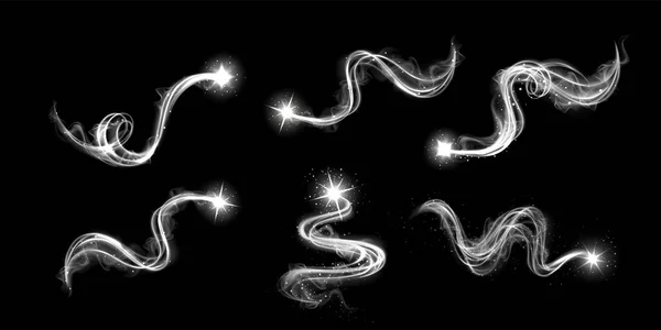 魔法螺旋白光发光效果涡旋波矢量 风卷和弯曲的线闪烁着能量 闪光和星尘 抽象雾状漏斗照明 飞行动力烟道运动 — 图库矢量图片