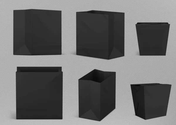 Schwarze Papiertüte Paket Für Snack Isoliert Leere Pappschachtel Container Attrappe — Stockvektor
