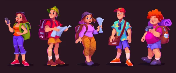 Kartun Menampilkan Karakter Karakter Pariwisata Laki Laki Dan Perempuan Yang - Stok Vektor