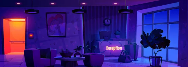 Nacht Hotel Rezeption Vektor Büro Zimmer Interieur Hintergrund Illustration Willkommensschalter — Stockvektor