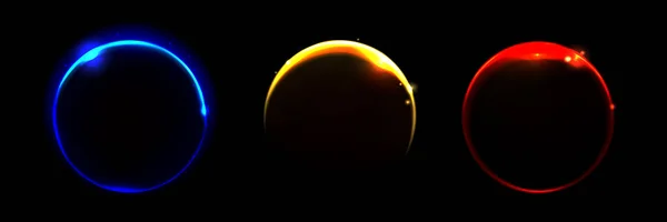 黒の背景に隔離された色の日食の効果の現実的なセット 夜空に輝くネオンブルー イエロー レッドのアーチと円形の線のベクトルイラスト 燃えるような縁を持つ暗い惑星 — ストックベクタ