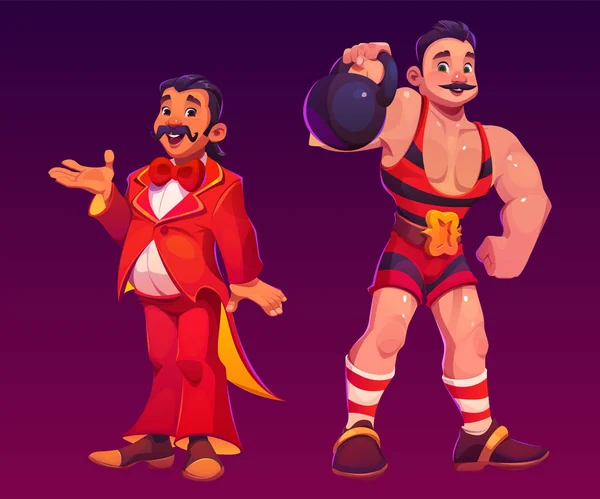 Carnaval Vetor Artista Desenhos Animados Circo Conjunto Personagens Homem Forte —  Vetores de Stock