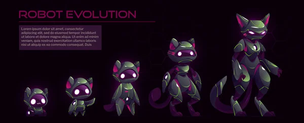 Conjunto Dibujos Animados Los Niveles Evolución Del Robot Gato Ilustración — Vector de stock