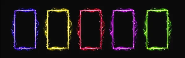 Neon Blitz Effekt Elektrischer Glührahmenvektor Magische Funkengrenze Mit Donnernder Zeichenenergie — Stockvektor