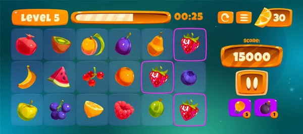 游戏的水果图标游戏界面卡通元素集 食物按钮匹配3移动赌博应用程序向量2D收集 蓝莓和梨子 — 图库矢量图片