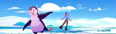 Kız buz pateni ve dans eden penguen vektör manzarası. Kuzey Kutbu 'ndaki buzul manzarası ve çatlak arazi çizimi. Zeminde delik olan karlı bir dekor dizaynı. Çarpışma alanı olan soğuk kuzey arkaplanı