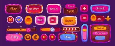 Candy ui oyun uygulama arayüzü ve düğme çerçeve parlatıcı simge seti. Pembe jöle ve lolipop oyun tasarımı yükleme, kapatma, pencere, panel, kaydırma, ok ve daire şeklinde güzel fantezi eşya koleksiyonu ile.