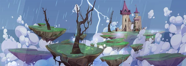 ファンタジー城と漫画雨ゲームの背景 空に浮かぶ岩の島の上に雷雨と雷と怖いハロウィーンの風景 悲観的な天気に塔と不気味な魔法のドラキュラ城 — ストックベクタ