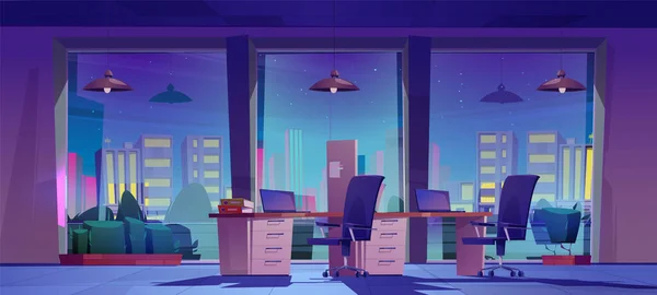 Geceleri Şirket Içi Ofis Büyük Pencereli Dizüstü Bilgisayarlı Masalı Sandalyeli — Stok Vektör
