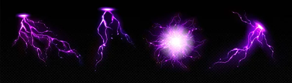 Реалистичный Набор Фиолетовых Ударов Молнии Болтов Изолирован Прозрачном Фоне Векторная — стоковый вектор