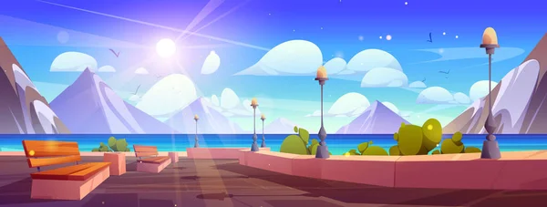 Cartoon Oceano Argine Lungomare Paesaggio Scena Mare Cartoni Animati Natura — Vettoriale Stock