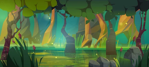 Δάσος Βάλτο Κινουμένων Σχεδίων Διάνυσμα Παιχνίδι Τοπίο Σκηνή Fantasy Λίμνη — Διανυσματικό Αρχείο