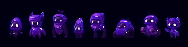 可爱的霓虹灯黑暗Ai机器人吉祥物卡通矢量集 利用人工智能技术对未来紫色字符进行进化 用于互联网服务的智能和创造性聊天机器人机器人伙伴 — 图库矢量图片