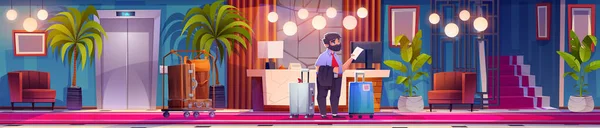 Homem Com Bagagem Hall Entrada Hotel Esperar Xadrez Desenho Animado —  Vetores de Stock