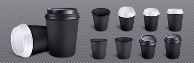 3D siyah kahve fincanı izole edilmiş vektör modeli seti. Plastik kapaklı ve boş marka tasarımlı eko çay bardağı. Sipariş için koyu renkli tek kullanımlık ambalaj ve soğuk latte içmeye gitmek profesyonel şablon.
