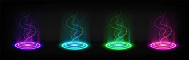Çember ışık efekti hologram parıltı sihirli portal. Fütüristik ışınlanma halkasındaki enerji sisi. Hud teknolojisi fantezi platformu projektör ve spiral buhar gücüyle dönüyor. Aura parlak küre delik sahne