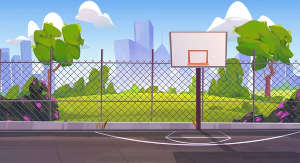 サニーストリートバスケットボールコート漫画の背景 緑の芝生 開花ブッシュイラストと春の都市公園の近くの学校の屋外遊び場スタジアム 競技場の外で — ストックベクタ