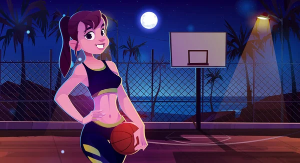 Dívka Basketbalovém Hřišti Nočním Vektoru Pozadí Žena Hráč Ulici Sportovní — Stockový vektor
