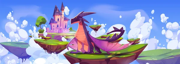 幻想城堡和魔法龙漂浮在岛上的天空 关于奇异爬行动物守护梦幻岛的病媒卡通画 在云层中飞翔的片片土地上有童话城堡 — 图库矢量图片