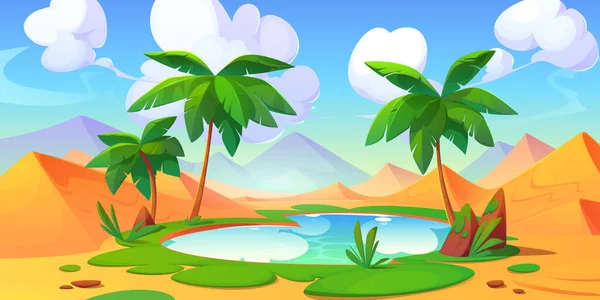 stock vector Palm tree in egypt sand desert oasis vector landscape background. Cartoon lake with water in summer arabian dubai dune. African heat panoramic scene with green grass game season wallpaper image